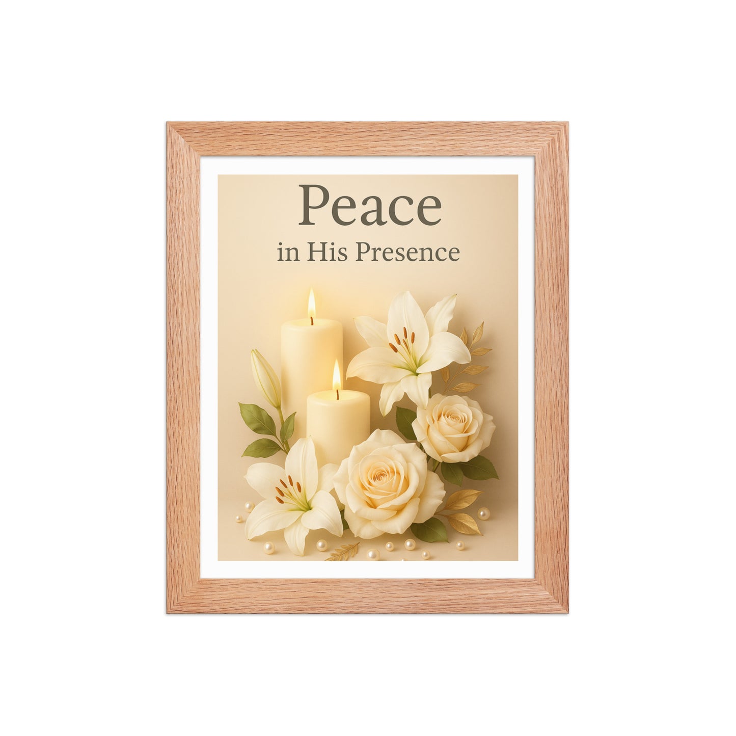 Peace in His Presence – Elegant Christian Candle & Lily Framed Wall Art | Black or Red Oak Frame - Kross Krown