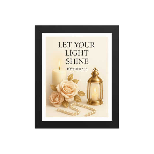 Let Your Light Shine – Matthew 5:16 | Elegant Christian Candle Wall Art | Black or Red Oak Frame - Kross Krown