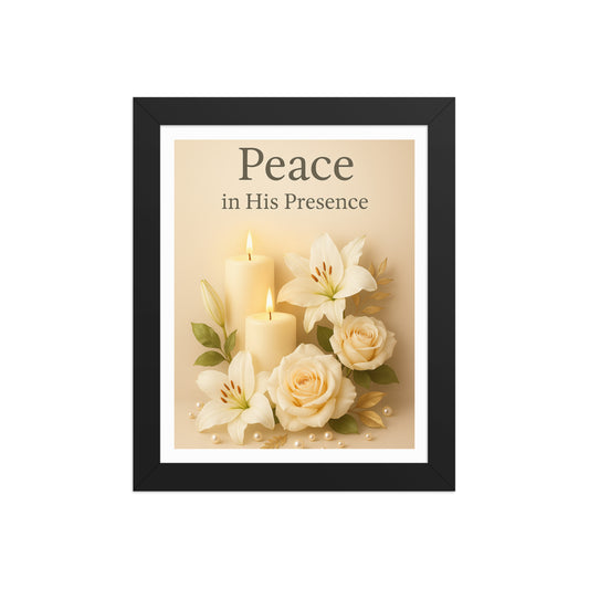 Peace in His Presence – Elegant Christian Candle & Lily Framed Wall Art | Black or Red Oak Frame - Kross Krown