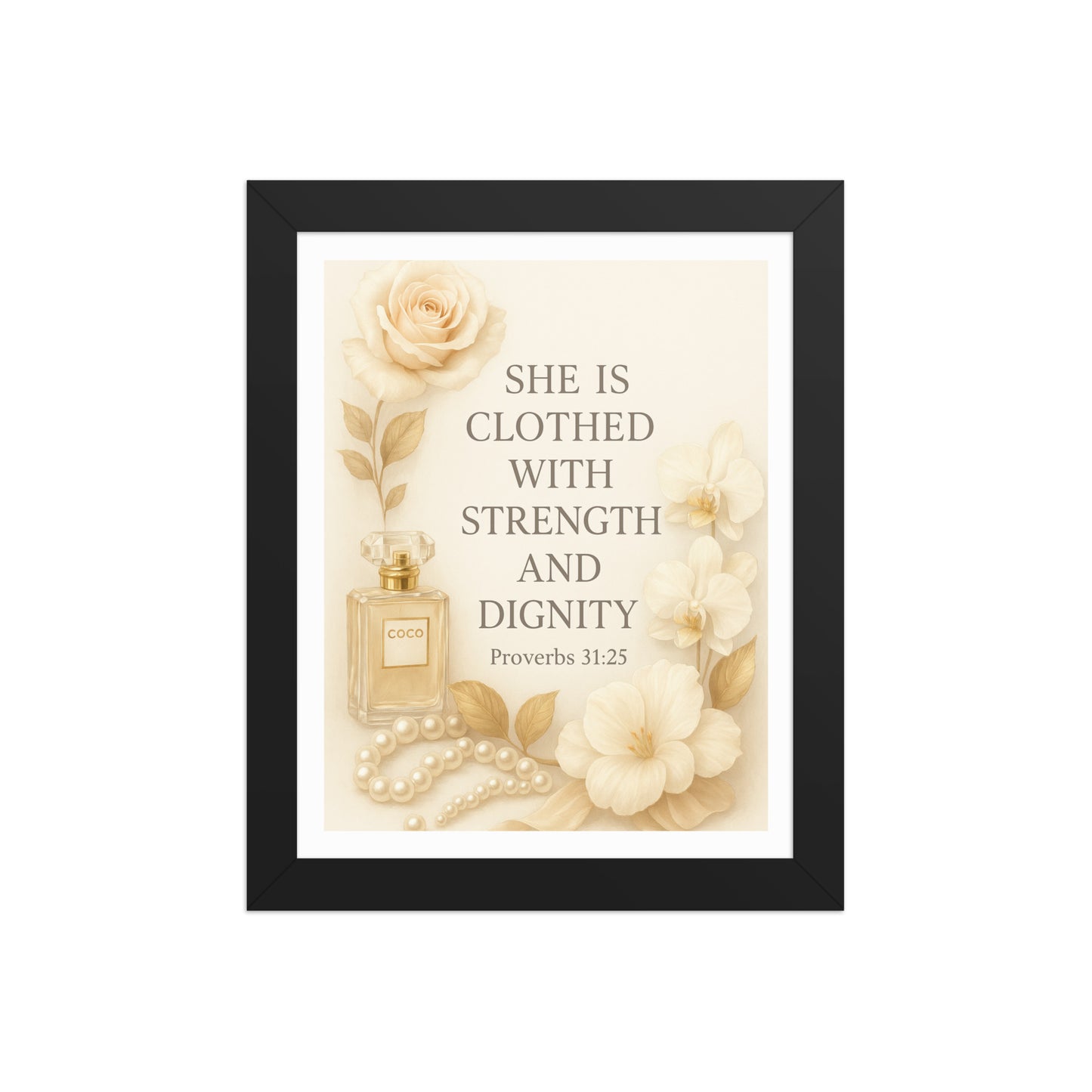 She Is Clothed with Strength and Dignity – Proverbs 31:25 | Feminine Christian Framed Wall Art | Black or Red Oak - Kross Krown