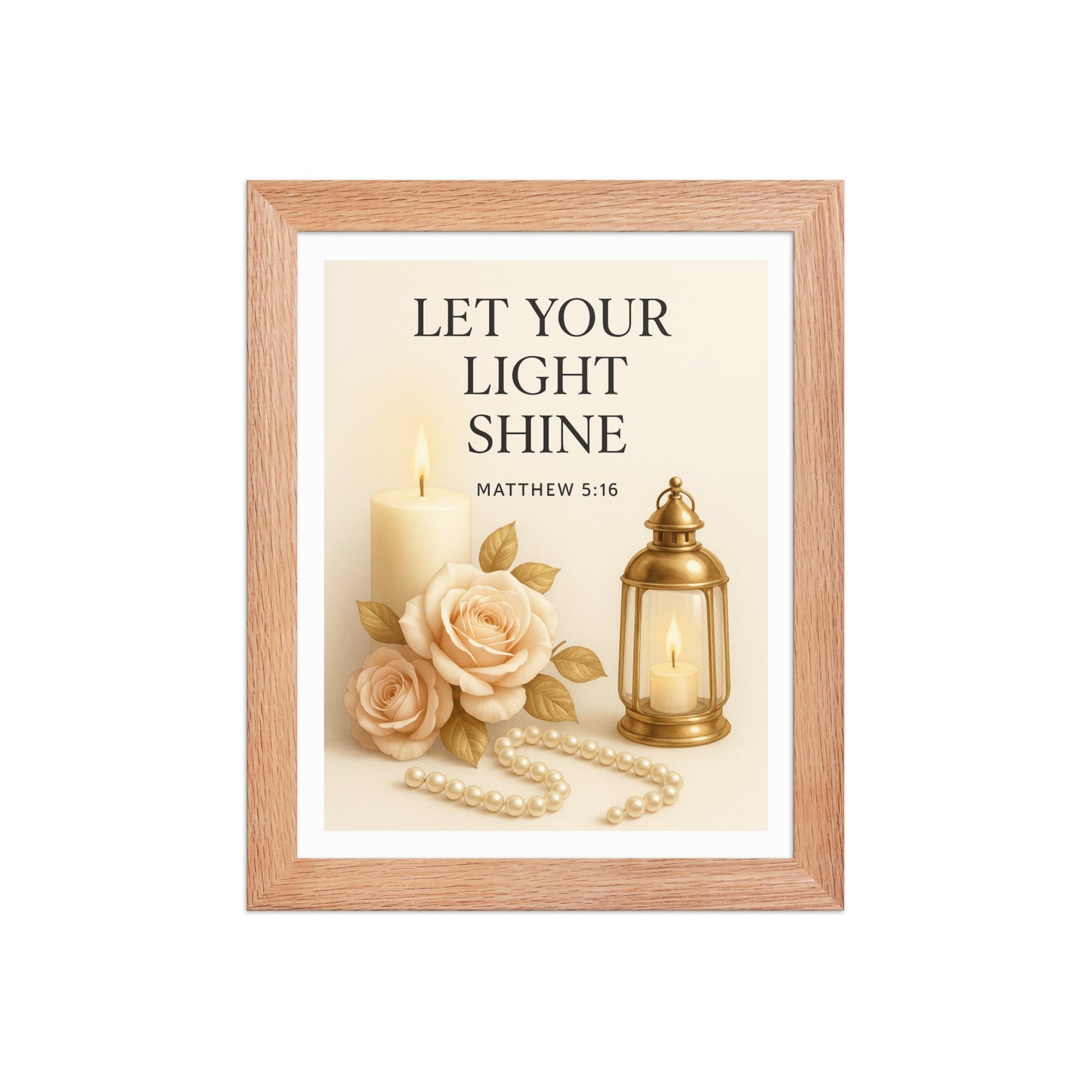 Let Your Light Shine – Matthew 5:16 | Elegant Christian Candle Wall Art | Black or Red Oak Frame - Kross Krown