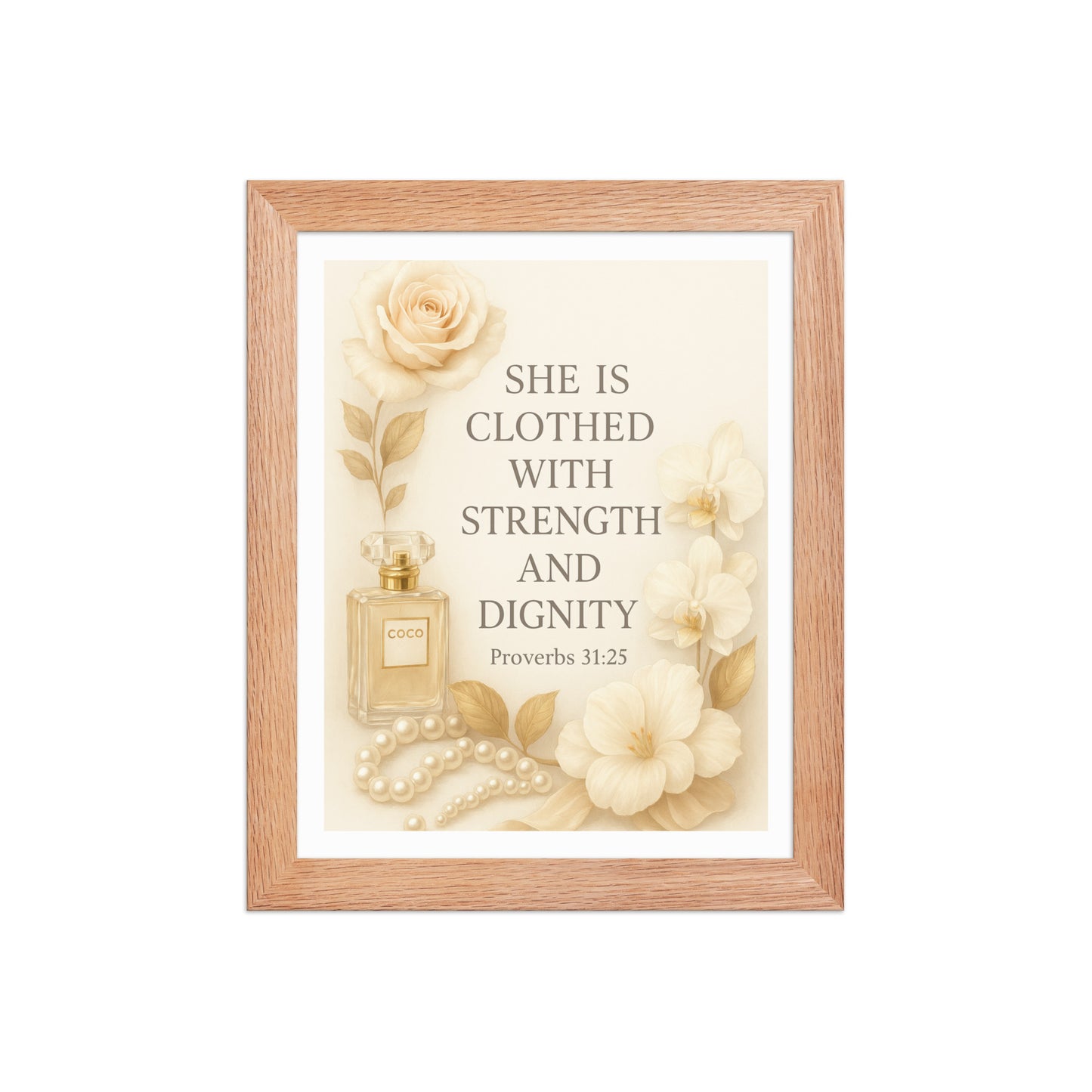 She Is Clothed with Strength and Dignity – Proverbs 31:25 | Feminine Christian Framed Wall Art | Black or Red Oak - Kross Krown